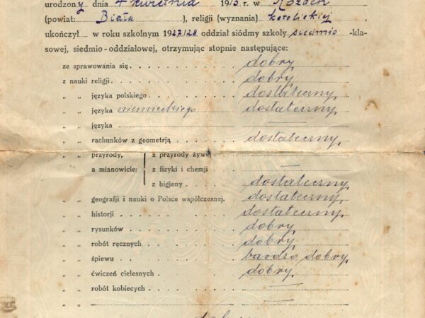Świadectwo ukończenia szkoły w Kozach 1928 r.